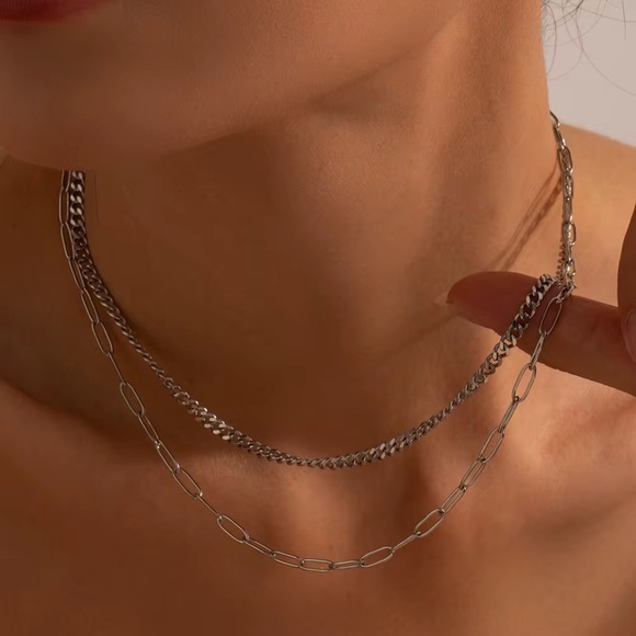Double Layer Silver Chain Necklace - Picture 3 of 6